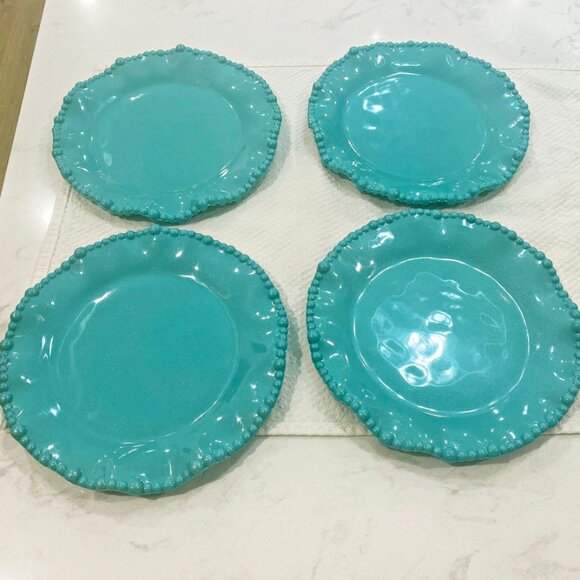 Rachel Ashwell Set of 4 Plates 9" Lunch Salad Teal Shimmery Beaded Ruffled Edge - Picture 2 of 6
